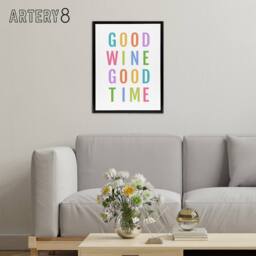 "Artery8 Good Wine Good Time Colourful Fun Cheeky Black Framed Canvas Art Print in White - Size: W12"" x H16""" - thumbnail 3