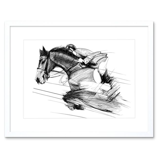 "Artery8 Wall Art Print Racing Horse & Jockey Art Framed 9x7 inch in White - Size: W7"" x H9""" - image 1