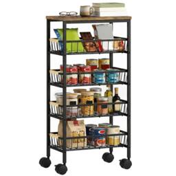 HOMCOM Metal Kitchen Trolley with Pull-Out Baskets, Rustic Brown - thumbnail 2