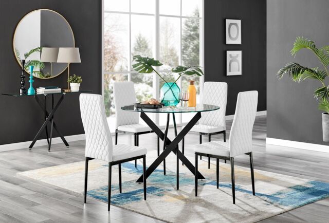 FurnitureboxUK Novara 4 Seater Black Leg Round Glass Dining Table & 4 Milan Faux Leather Black Leg Chairs in White - image 1