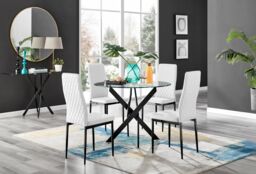 FurnitureboxUK Novara 4 Seater Black Leg Round Glass Dining Table & 4 Milan Faux Leather Black Leg Chairs in White