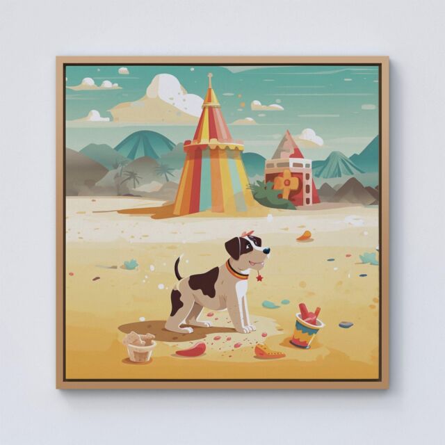 "Warren Reed - Designer Doggy On A Beach Holiday Framed Canvas in Light Brown - Size: W30"" x H30""" - image 1