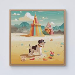 "Warren Reed - Designer Doggy On A Beach Holiday Framed Canvas in Light Brown - Size: W30"" x H30""" - thumbnail 1