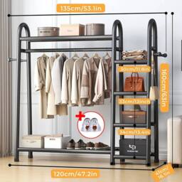 VOGREX Heavy Duty 2-Tier Garment Rail with Storage Shelf in Black - thumbnail 3