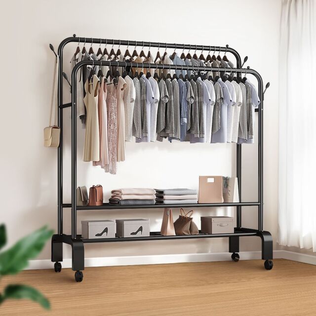 Living and Home 2-Rod Clothes Rack Garment Holder with Wheels in Black - image 1