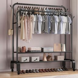 Living and Home 2-Rod Clothes Rack Garment Holder with Wheels in Black - thumbnail 2