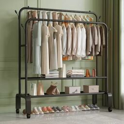 Living and Home 2-Rod Clothes Rack Garment Holder with Wheels in Black - thumbnail 4