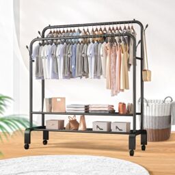Living and Home 2-Rod Clothes Rack Garment Holder with Wheels in Black - thumbnail 5