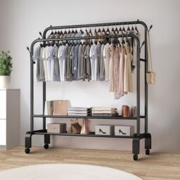 Living and Home 2-Rod Clothes Rack Garment Holder with Wheels in Black - thumbnail 3
