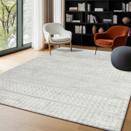 Livabliss Monaco-Geometric Grey Ivory Living Dining Bedroom Rug in Silver - Size: 200 cm x 290 cm