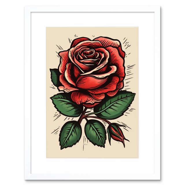 "Artery8 Wall Art Print Rose Bloom Bud Old School USA Tattoo Ink Body Art Rockabilly Americana 50s Artwork Framed 9X7 Inch in White - Size: W7"" x H9""" - image 1