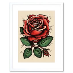 "Artery8 Wall Art Print Rose Bloom Bud Old School USA Tattoo Ink Body Art Rockabilly Americana 50s Artwork Framed 9X7 Inch in White - Size: W7"" x H9""" - thumbnail 1