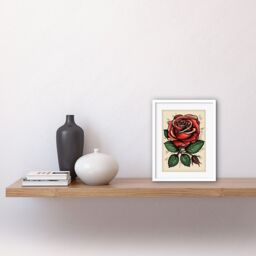 "Artery8 Wall Art Print Rose Bloom Bud Old School USA Tattoo Ink Body Art Rockabilly Americana 50s Artwork Framed 9X7 Inch in White - Size: W7"" x H9""" - thumbnail 2