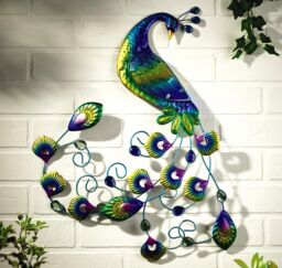 mysmartbuy Peacock Wall Decor - Colourful Metal & Hand Painted Glass Indoor or Outdoor Home Garden Ornament Sculpture - 58 x 52 x 1cm