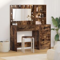 Berkfield Home 2 Piece Dressing Table Set with LED Smoked Oak Engineered Wood in Brown