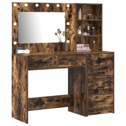 Berkfield Home 2 Piece Dressing Table Set with LED Smoked Oak Engineered Wood in Brown - thumbnail 3