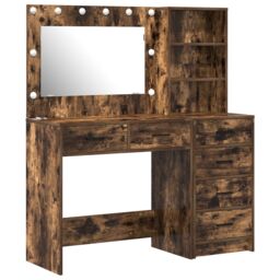 Berkfield Home 2 Piece Dressing Table Set with LED Smoked Oak Engineered Wood in Brown - thumbnail 2