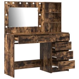 Berkfield Home 2 Piece Dressing Table Set with LED Smoked Oak Engineered Wood in Brown - thumbnail 6