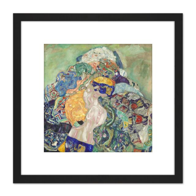 Artery8 Gustav Klimt Baby Painting 8X8 Inch Square Wooden Framed Wall Art Print Picture with Mount in Black - image 1