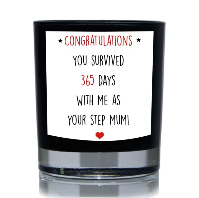 60 SECOND MAKEOVER Congratulations You Survived 365 Days With Me As Your Step Mum Funny 20cl Candle in Black