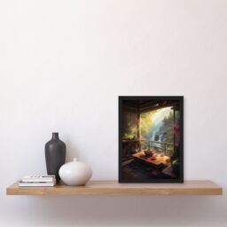 Artery8 Wall Art Print View From Tea House Patio Painting Traditional Ceremony Japan Hospitality Serene Waterfall Landscape Art Framed - Size: A4 - thumbnail 4