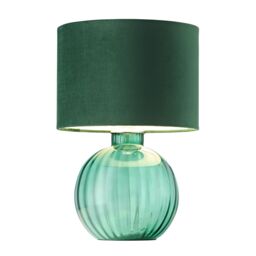 Happy Homewares Contemporary Ribbed Glass Table Lamp with Velvet Fabric Shade in Dark Green - thumbnail 2