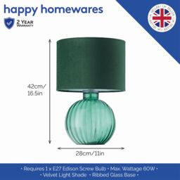 Happy Homewares Contemporary Ribbed Glass Table Lamp with Velvet Fabric Shade in Dark Green - thumbnail 4