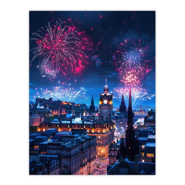 "Artery8 Edinburgh Fireworks Night Magical Cityscape Wall Art Print in Blue - Size: W12"" x H16""" - image 1