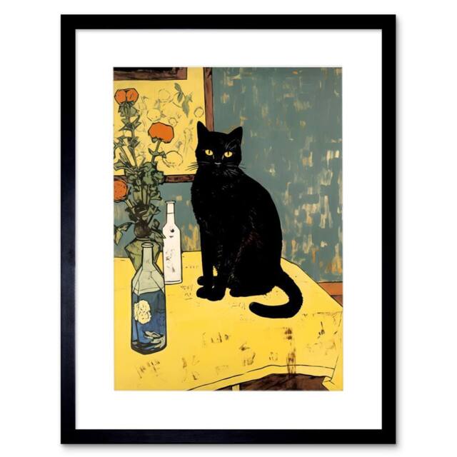 "Artery8 Simple Black Cat Table Oil Van Gogh Style Flowers Framed Art Print in Yellow - Size: W12"" x H16""" - image 1