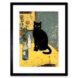 "Artery8 Simple Black Cat Table Oil Van Gogh Style Flowers Framed Art Print in Yellow - Size: W12"" x H16""" - thumbnail 1