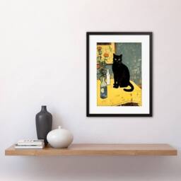 "Artery8 Simple Black Cat Table Oil Van Gogh Style Flowers Framed Art Print in Yellow - Size: W12"" x H16""" - thumbnail 2