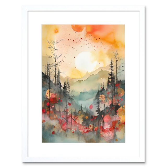 "Artery8 Wall Art Print Sunrise Over Misty Mountain Forest Landscape Modern Watercolour Painting Artwork Framed 9X7 Inch in White - Size: W7"" x H9""" - image 1