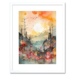 "Artery8 Wall Art Print Sunrise Over Misty Mountain Forest Landscape Modern Watercolour Painting Artwork Framed 9X7 Inch in White - Size: W7"" x H9""" - thumbnail 1