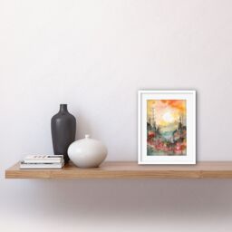"Artery8 Wall Art Print Sunrise Over Misty Mountain Forest Landscape Modern Watercolour Painting Artwork Framed 9X7 Inch in White - Size: W7"" x H9""" - thumbnail 2