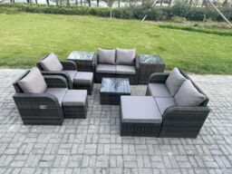 Fimous Garden Furniture Set Rattan Outdoor Lounge Sofa Chair With Tempered Glass Table 3 Footstools 2 Side Tables Dark Grey Mixed - thumbnail 2