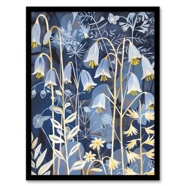 "Artery8 Bluebells at Night Botanical Painting Wildflowers Framed Art Print in Blue - Size: W12"" x H16""" - image 1