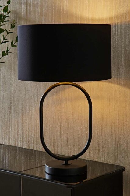 ValueLights Antonia Black & Metallic Gold Drum Shade Matte Black Oval Table Lamp - image 1