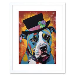 "Artery8 Wall Art Print Pit Bull Wearing Flower Top Hat Modern Pop Artwork Framed 9X7 Inch in White - Size: W7"" x H9""" - thumbnail 1