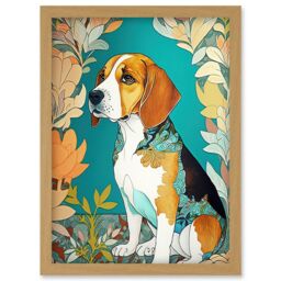 Artery8 Beagle Dog With Floral Frame & Ornate Fur Coat Colourful Modern Art Nouveau Illustration Artwork Framed Wall Art Print A4 in Light Oak - thumbnail 1