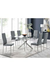 FurnitureboxUK Leonardo Glass & Chrome Metal Dining Table & 6 Milan Chairs Dining Set in Grey