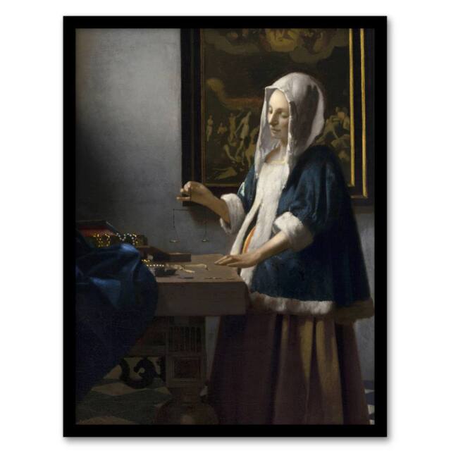"Artery8 Woman Holding a Balance Vermeer Vintage Framed Wall Art Print in Grey - Size: W12"" x H16""" - image 1