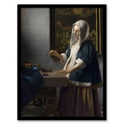 "Artery8 Woman Holding a Balance Vermeer Vintage Framed Wall Art Print in Grey - Size: W12"" x H16""" - thumbnail 1