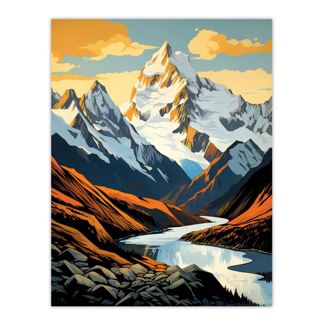 Artery8 Aoraki Mount Cook Artwork National Park New Zealand Snow Peaked Mountain Cloud Piercer Extra Large XL Unframed Wall Art Poster Print - image 1