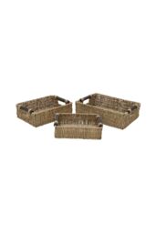 JVL Seagrass Set of 3 Rectangular Storage Baskets with Wooden Handles in Natural