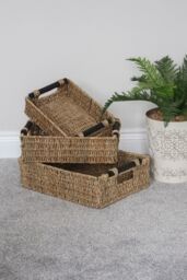 JVL Seagrass Set of 3 Rectangular Storage Baskets with Wooden Handles in Natural - thumbnail 2