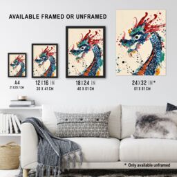 Artery8 Wall Art Print Colourful Chinese Dragon Watercolour Paint Splat Art Framed Poster in Black - Size: A4 - thumbnail 3