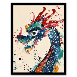 Artery8 Wall Art Print Colourful Chinese Dragon Watercolour Paint Splat Art Framed Poster in Black - Size: A4 - thumbnail 1