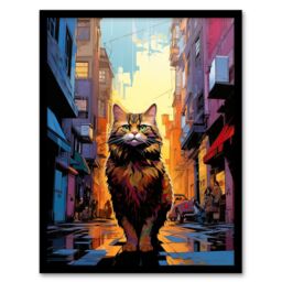 "Artery8 Wall Art Print Street Cat Lover Gift Pet Portrait City Sunset Artwork Painting Art Framed - Size: W12"" x H16""" - thumbnail 1