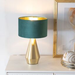 ValueLights Jax Gold Dimmable Touch Table Lamp with Velvet Drum & Gold Inner Lamp Shade in Bottle Green