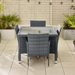 FurnitureboxUK Barbados Rattan Outdoor Garden Dining Set, PE Rattan & Cushions, 4 Chairs 1 Square Glass Top Outdoor Table in Grey - thumbnail 7